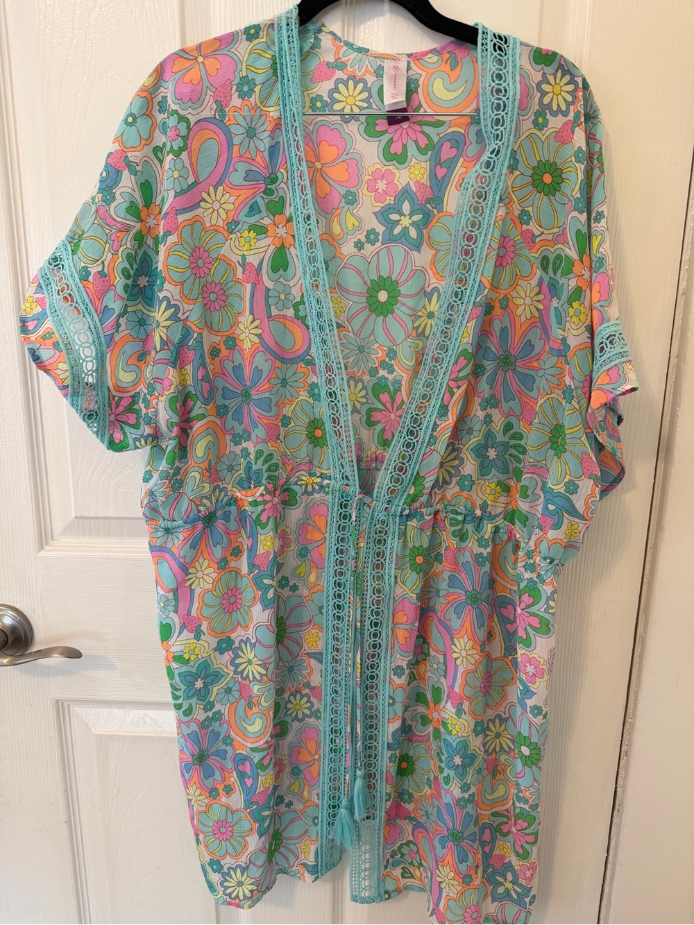 No Boundaries Aqua Multi Floral Tie-Waist Mini Dress